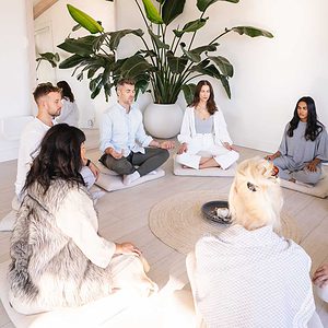 A group of executives in a corporate mindfulness retreat