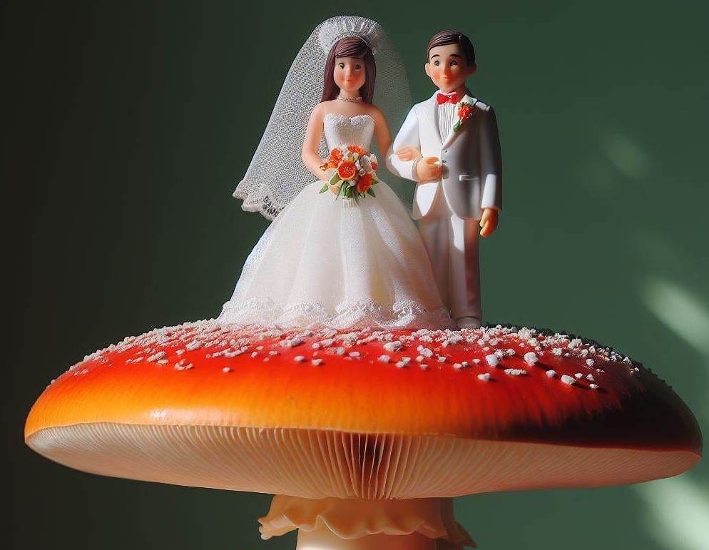 A married couple standing on a mushroom.